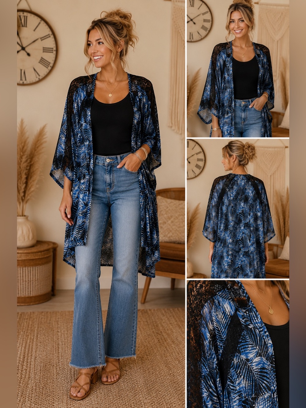 Express Blue and Black Sheer Palm-Leaf Kimono Cardigan